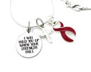 Multiple Myeloma Awareness Necklace – “I Will Hold You Up When Your Strength Fails” Burgundy Ribbon & Silver Cross