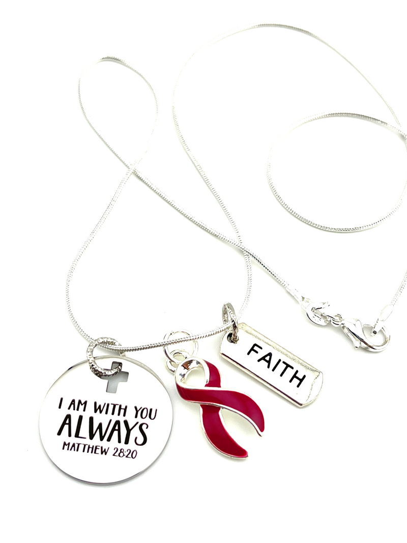 Burgundy Ribbon Necklace - I Am With You Always - Matthew 28:20