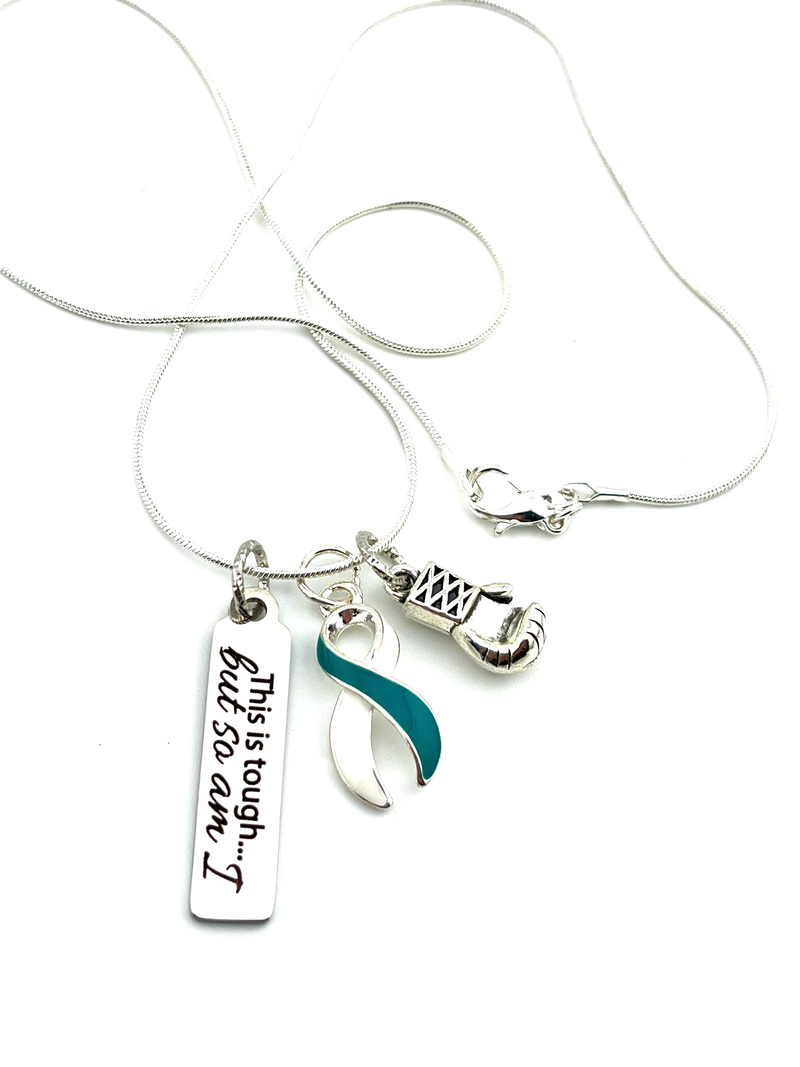 Teal & White Ribbon Necklace - This Is Tough, But So Am I