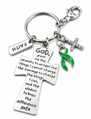 Green Awareness Ribbon Faith Keychain – Mental Health Awareness, Inspirational Christian Gift, Serenity Prayer Cross Keychain