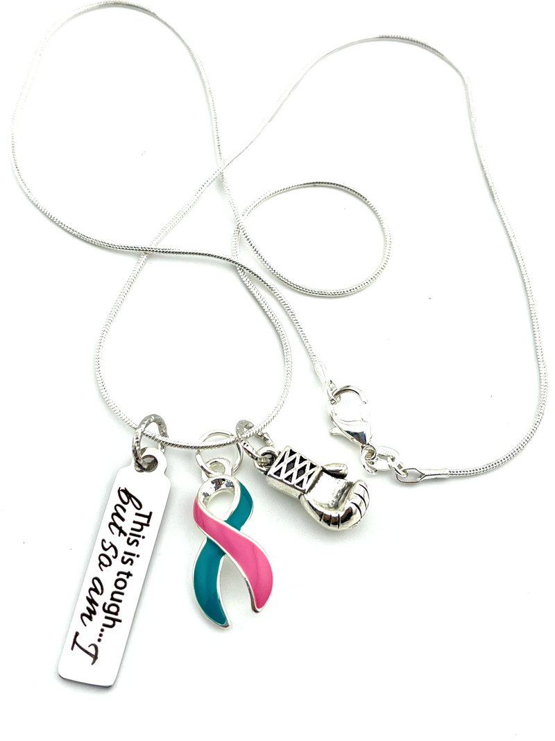 Pink and Teal (Previvor) Ribbon -  This is Tough - Boxing Glove / Warrior Necklace