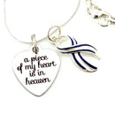 A Piece of My Heart Is in Heaven Memorial Necklace – ALS Awareness Jewelry with Blue & White Ribbon Charm, 20" Sterling Silver Snake Chain, Sympathy Gift for Loss