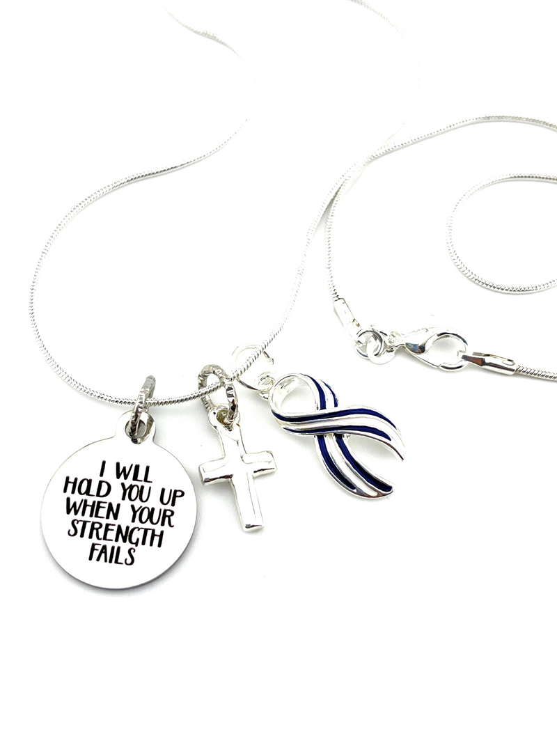 ALS / Blue & White Striped Ribbon Necklace -  I Will Hold You Up When Your Strength Fails