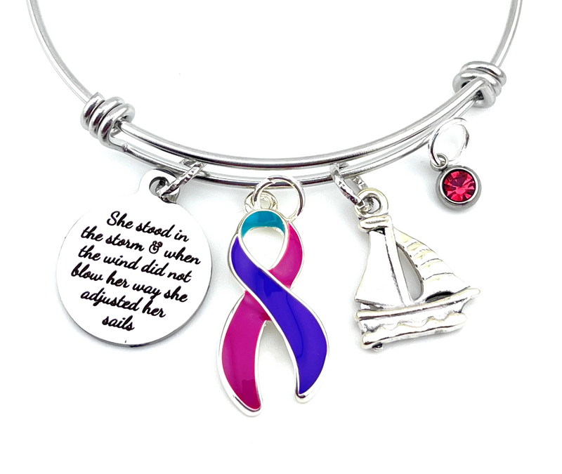 Pink Purple Teal (Thyroid Cancer) Ribbon Bracelet - She Stood In the Storm / She Adjusted Her Sails