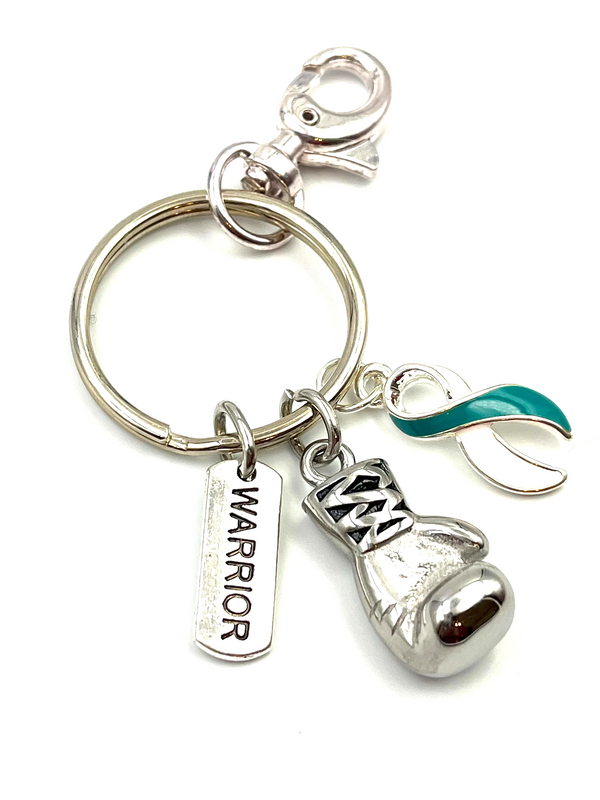 Teal & White Ribbon Keychain / Boxing Glove / Warrior Encouragement Gift