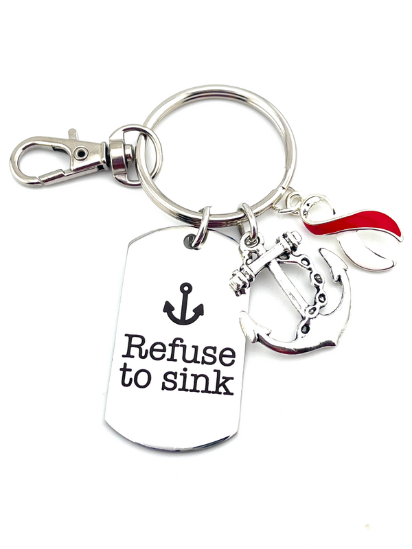 Red & White Ribbon Encouragement Keychain - Refuse to Sink