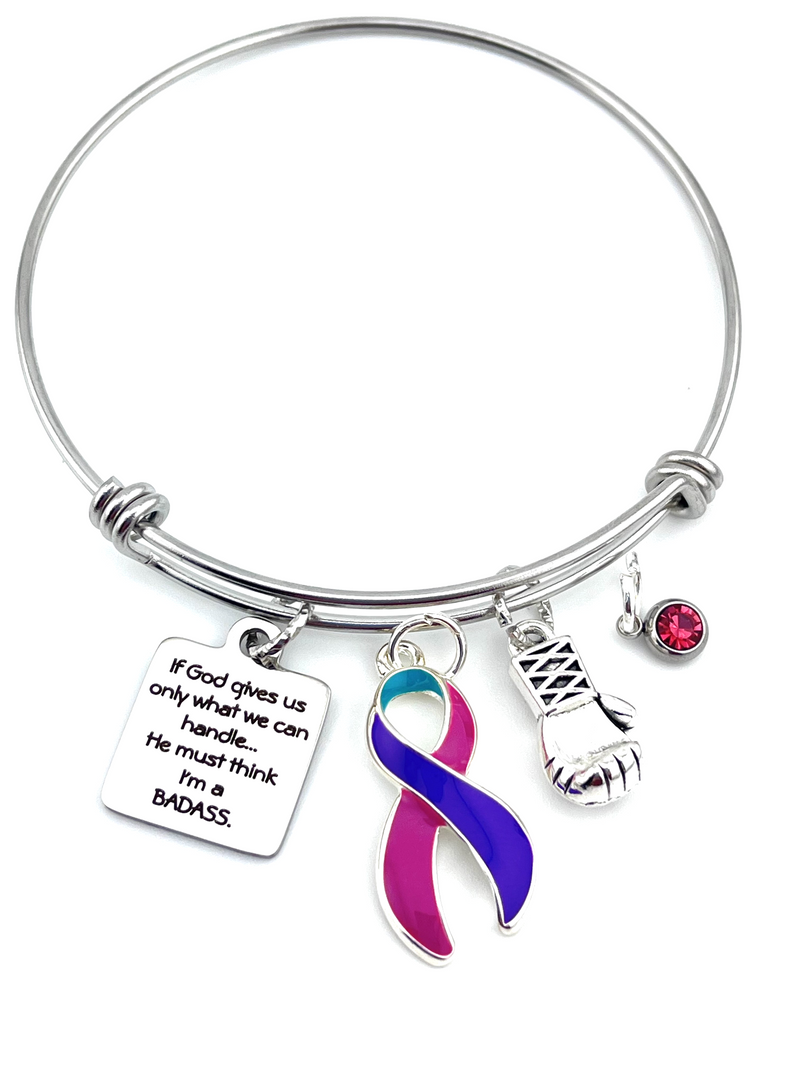 Pink Purple Teal (Thyroid) Ribbon Charm Bracelet - If God Gives Us Only What We Can Handle, He Must Think I'm A BADASS