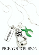 Black and white flyer featuring RockYourCauseJewelry's Pick Your Ribbon Boxing Glove and Warrior Necklace survivor gift.