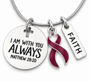 Burgundy Ribbon Awareness Necklace, Multiple Myeloma Gift, Brain Aneurysm Survivor Jewelry, Matthew 28:20 Christian Faith Necklace