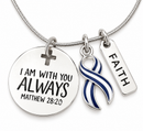 ALS Awareness Necklace, Blue White Ribbon Jewelry, Matthew 28:20 Bible Verse Necklace, Christian Faith Gift, ALS Warrior Caregiver Gift