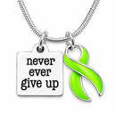 Never Ever Give Up Lime Green Awareness Ribbon Necklace – Lymphoma, Lyme Disease & Chronic Illness Support Gift