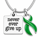 Never Ever Give Up Green Awareness Ribbon Necklace – Mental Health, Kidney Disease, Organ Donation & Survivor Gift