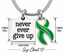 Never Ever Give Up Green Awareness Ribbon Necklace – Mental Health, Kidney Disease, Organ Donation & Survivor Gift