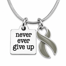 Never Ever Give Up Gray Awareness Ribbon Necklace – Brain Cancer, Brain Tumor & Chronic Illness Support Gift