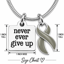 Never Ever Give Up Gray Awareness Ribbon Necklace – Brain Cancer, Brain Tumor & Chronic Illness Support Gift