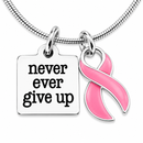 Never Ever Give Up Pink Awareness Ribbon Necklace – Breast Cancer Survivor & Fighter Gift