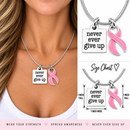 Never Ever Give Up Pink Awareness Ribbon Necklace – Breast Cancer Survivor & Fighter Gift