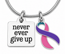 Thyroid Cancer Awareness Necklace – Pink Teal Purple Ribbon Never Ever Give Up Necklace – Thyroid Cancer Survivor Fighter Gift