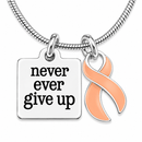 Never Ever Give Up Peach Awareness Ribbon Necklace – Uterine & Endometrial Cancer Survivor Gift