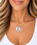 Never Ever Give Up Peach Awareness Ribbon Necklace – Uterine & Endometrial Cancer Survivor Gift