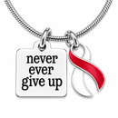 Never Ever Give Up Red & White Awareness Ribbon Necklace – Aplastic Anemia, DVT, Head & Neck Cancer & Oral Cancer Support Gift