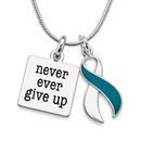 Cervical Cancer Awareness Necklace – Teal & White Ribbon Never Ever Give Up Necklace – Survivor Fighter Encouragement Gift for Women