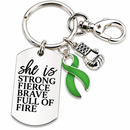 Green Awareness Ribbon Keychain, Mental Health Awareness Gift, She Is Strong Fierce Brave, Cancer Warrior Gift, Kidney Disease Support Gift Description