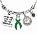 Green Ribbon Awareness Bracelet, Mental Health Kidney Disease Support Jewelry, Inspirational Cancer Survivor Gift, Adjustable Silver Bangle