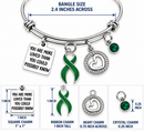 Green Ribbon Awareness Bracelet, Mental Health Kidney Disease Support Jewelry, Inspirational Cancer Survivor Gift, Adjustable Silver Bangle