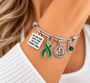 Green Ribbon Awareness Bracelet, Mental Health Kidney Disease Support Jewelry, Inspirational Cancer Survivor Gift, Adjustable Silver Bangle