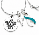Teal & White Ribbon Cervical Cancer Necklace – “I Will Hold You Up” Faith Cross Necklace, Survivor & Fighter Gift