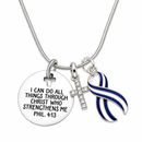 ALS Awareness Necklace – Philippians 4:13 Faith Necklace with Navy Blue & White Ribbon and Cross