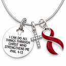 Burgundy Awareness Ribbon Faith Necklace – Philippians 4:13 Christian Strength Necklace, Multiple Myeloma & Brain Aneurysm Gift