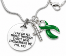 Green Awareness Ribbon Faith Necklace – Philippians 4:13 Christian Necklace, Mental Health & Kidney Disease Awareness Gift