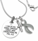 Gray Awareness Ribbon Faith Necklace – Philippians 4:13 Christian Necklace, Brain Cancer & Brain Tumor Awareness Gift