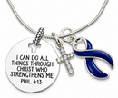 Navy Blue Awareness Ribbon Faith Necklace – Philippians 4:13 Christian Necklace, Colon Cancer & Colorectal Cancer Awareness Gift