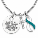 Teal & White Cervical Cancer Awareness Necklace – Philippians 4:13 Faith Jewelry, Cervical Cancer Survivor & Christian Encouragement Gift