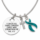Teal Awareness Ribbon Faith Necklace – Philippians 4:13 “I Can Do All Things Through Christ” Cross Necklace – Ovarian Cancer & Teal Ribbon Gift