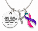 Thyroid Cancer Awareness Necklace – Pink Teal Purple Ribbon, Philippians 4:13 Faith Necklace, Christian Cancer Survivor Gift