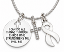 White Awareness Ribbon Faith Necklace – Philippians 4:13 Christian Necklace, Lung Cancer, Bone Cancer & Survivor Gift