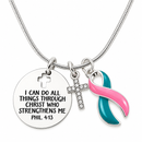 Pink & Teal Previvor Awareness Necklace – BRCA1 BRCA2 Faith Jewelry, Philippians 4:13 Christian Cancer Risk Gift