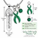 Green Awareness Ribbon Clear Quartz Crystal Necklace – Healing Crystal Jewelry, Mental Health, Kidney Disease & Organ Donation Support Gift