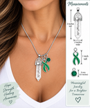 Green Awareness Ribbon Clear Quartz Crystal Necklace – Healing Crystal Jewelry, Mental Health, Kidney Disease & Organ Donation Support Gift