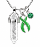 Green Awareness Ribbon Clear Quartz Crystal Necklace – Healing Crystal Jewelry, Mental Health, Kidney Disease & Organ Donation Support Gift