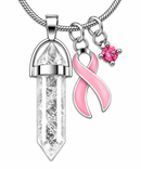 Pink Ribbon Clear Quartz Crystal Necklace – Breast Cancer Awareness Survivor Gift, Healing Crystal Jewelry for Her