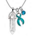 Teal Awareness Ribbon Clear Quartz Crystal Necklace – Ovarian Cancer, PCOS, Endometriosis & Sexual Assault Awareness Gift