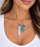 Teal Awareness Ribbon Clear Quartz Crystal Necklace – Ovarian Cancer, PCOS, Endometriosis & Sexual Assault Awareness Gift