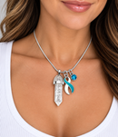 Teal & White Awareness Ribbon Clear Quartz Crystal Necklace – Cervical Cancer Survivor Gift, Healing Crystal Jewelry