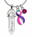 Thyroid Cancer Awareness Clear Quartz Crystal Necklace – Pink Teal Purple Ribbon, Thyroid Cancer Survivor Gift, Healing Jewelry
