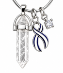 ALS Awareness Clear Quartz Crystal Necklace – Blue & White Ribbon, ALS Warrior Survivor Gift, Healing Crystal Jewelry